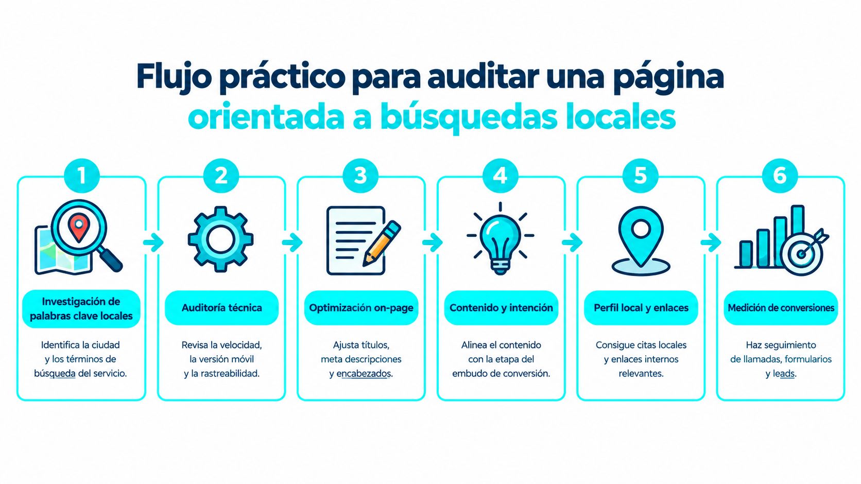 Un diagrama que explica los seis pasos prácticos para auditar una página web orientada a búsquedas locales.
