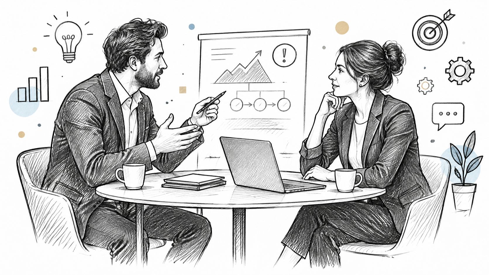 Dos profesionales de negocios analizan un gráfico de crecimiento durante una reunión de trabajo colaborativa en oficina.