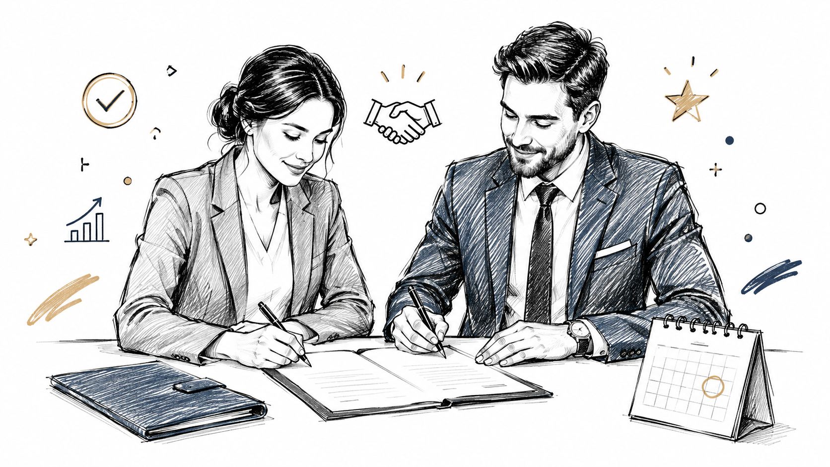 Dos profesionales de negocios firmando un contrato juntos en una oficina con elementos decorativos de negocios.