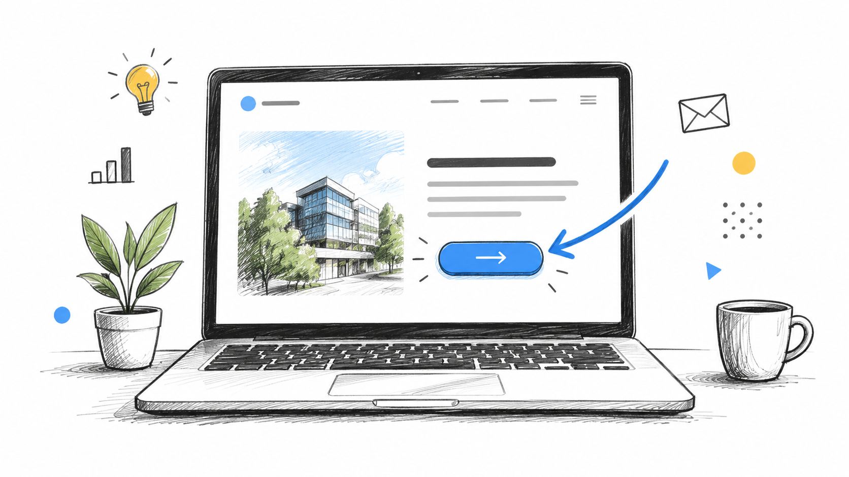 Computadora portátil mostrando una interfaz web con una ilustración de un edificio corporativo y un botón azul.