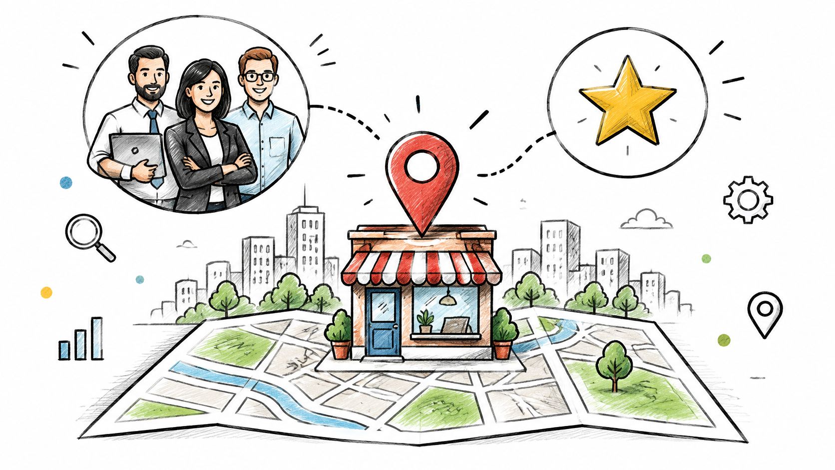 Representación ilustrada de un equipo de negocios conectando un local comercial con estrategias de marketing y crecimiento.