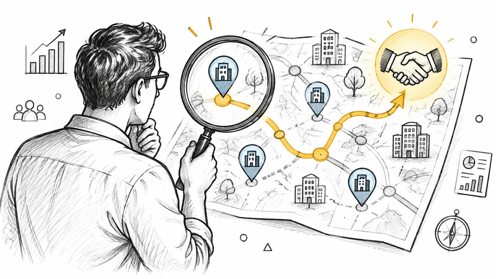 Hombre analizando un mapa con una lupa buscando nuevas oportunidades de negocios y alianzas estratégicas empresariales.