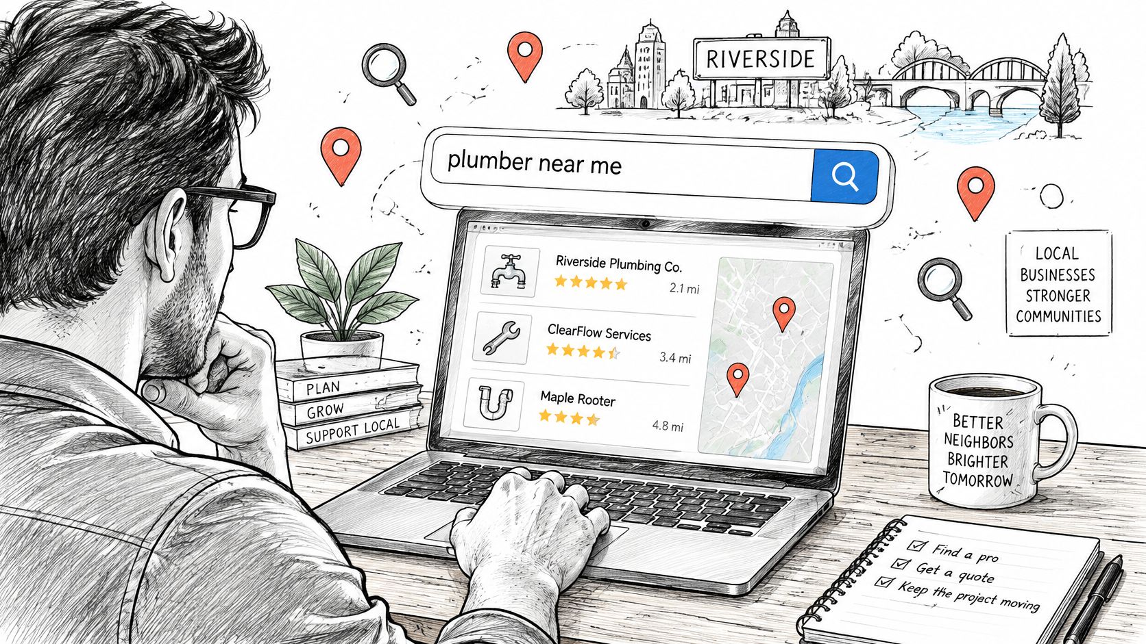 Hombre buscando fontaneros locales en su ordenador portátil para mejorar su comunidad y negocio local.