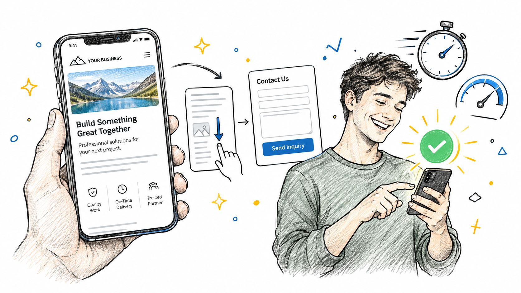 Ilustración de una persona interactuando con una página web en su móvil para enviar una consulta profesional.