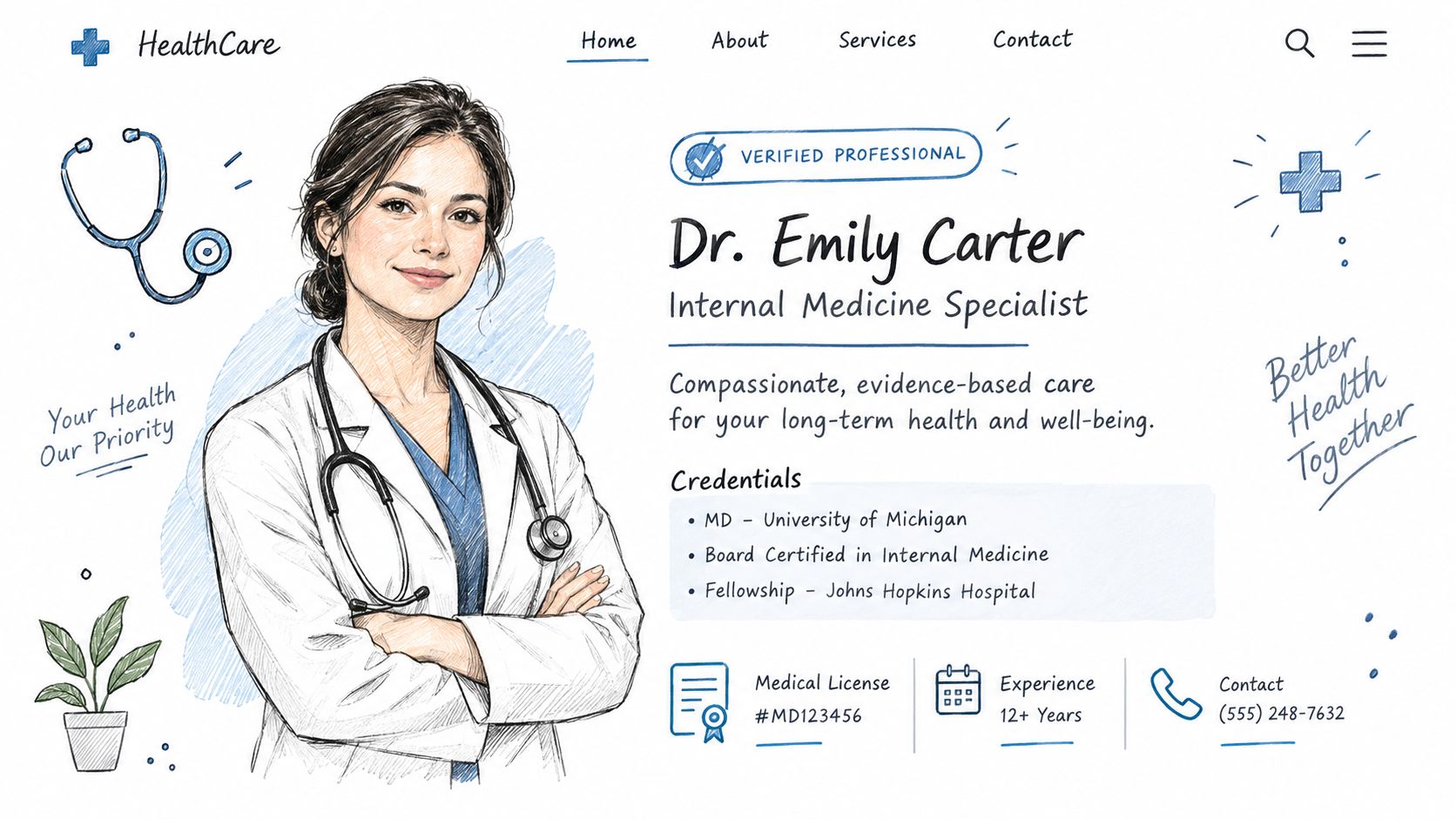 Retrato ilustrado de una doctora profesional con bata blanca y estetoscopio, presentando su perfil médico online.